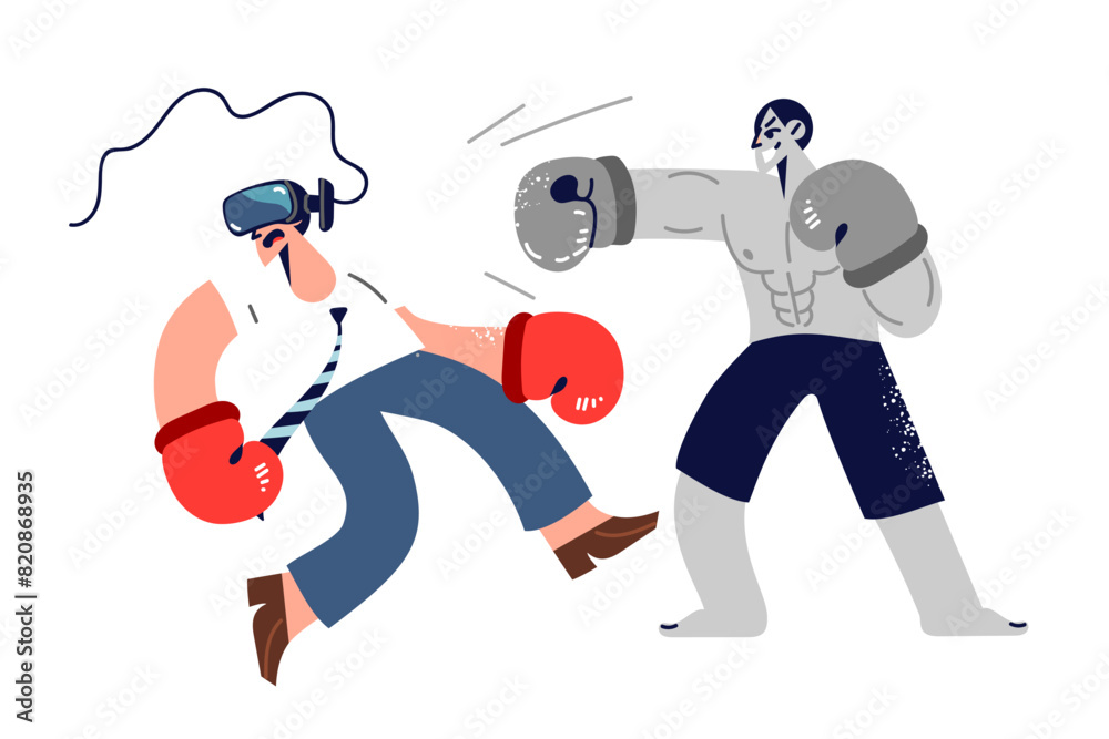 Simulation boxing match using vr helmet that allows you to fight with opponent from virtual reality Simulation boxing match using vr helmet that allows you to fight with opponent from virtual reality