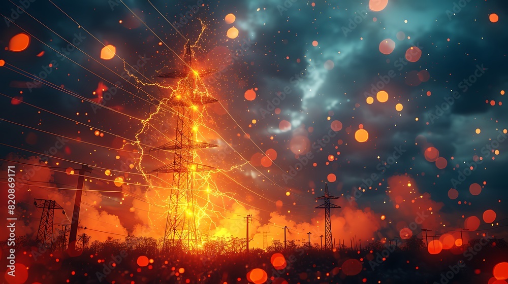 High voltage tower with lightning background power of energy concept copy space