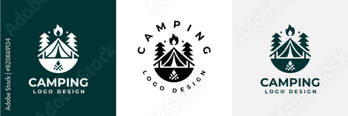 Simple camping logo with tent shape, tree and fire. camping outdoors nature adventure sign or symbol for travel tourism. Vintage summer camping logo.