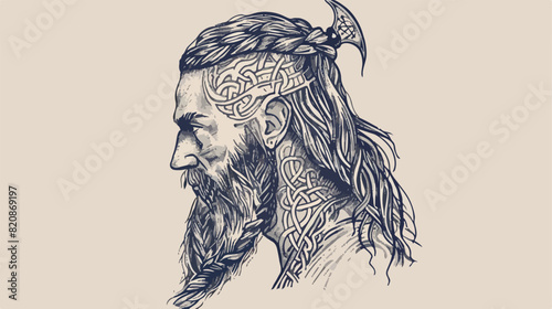 Head of Nordic warrior with beard braids hand drawn w
