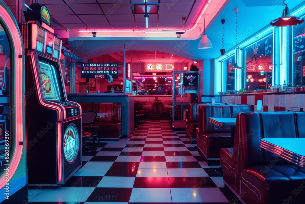 Vibrant Retro Diner Ambiance: Neon Lights and Classic Jukeboxes Creating Nostalgic Atmosphere Vibrant Retro Diner Ambiance: Neon Lights and Classic Jukeboxes Creating Nostalgic Atmosphere