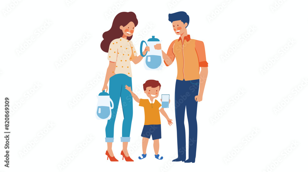 Healthy family with child drinking water together