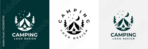 Simple camping logo with tent shape  tree and fire. camping outdoors nature adventure sign or symbol for travel tourism. Vintage summer camping logo.