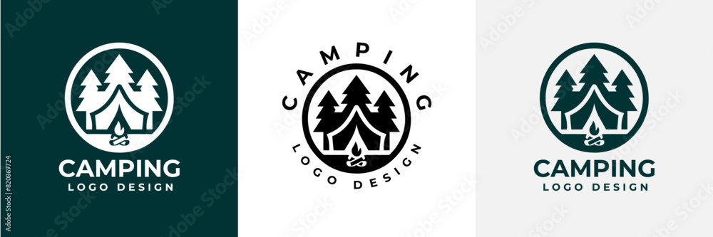 Simple camping logo with tent shape, tree and fire. camping outdoors nature adventure sign or symbol for travel tourism. Vintage summer camping logo. Simple camping logo with tent shape, tree and fire. camping outdoors nature adventure sign or symbol for travel tourism. Vintage summer camping logo.
