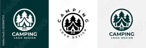 Simple camping logo with tent shape, tree and fire. camping outdoors nature adventure sign or symbol for travel tourism. Vintage summer camping logo.