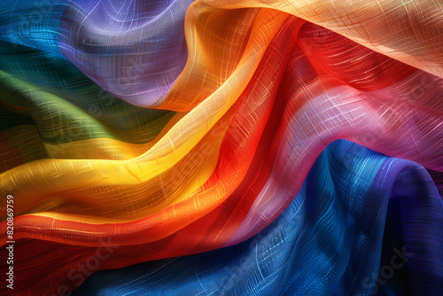 Close-up texture of the Pride flag, showing the weave and vibrant colors of the fabric, with natural folds and shadows, creating a rich and detailed background photo