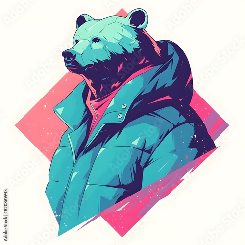 E-sport gamer style bear mascot in oversized jacket, vector logo illustration, on isolated background.