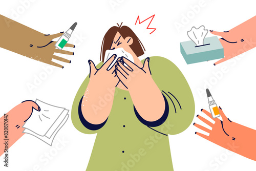 Woman with runny nose uses handkerchief, standing near hands offering medicine or paper napkins