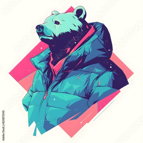 E-sport gamer style bear mascot in oversized jacket, vector logo illustration, on isolated background.