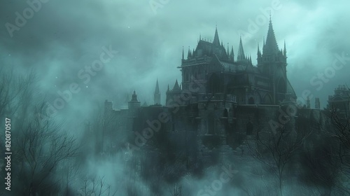 A dark, atmospheric scene of a Gothic castle shrouded in mist,