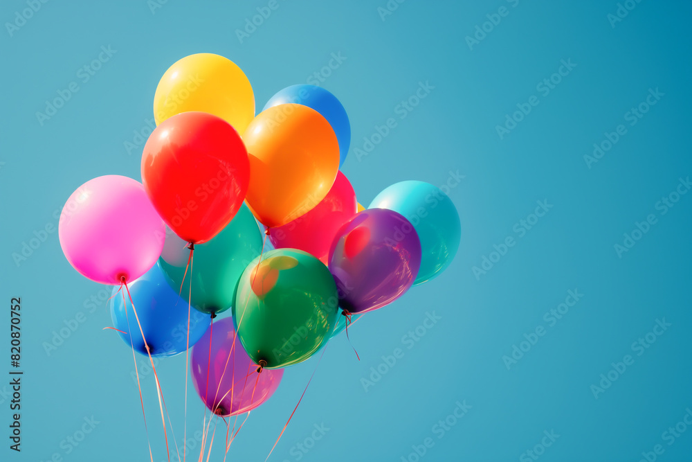 Pride-themed balloons floating in the sky, vibrant rainbow colors against a clear blue background, capturing the sense of freedom and celebration, candid and natural moments Pride-themed balloons floating in the sky, vibrant rainbow colors against a clear blue background, capturing the sense of freedom and celebration, candid and natural moments