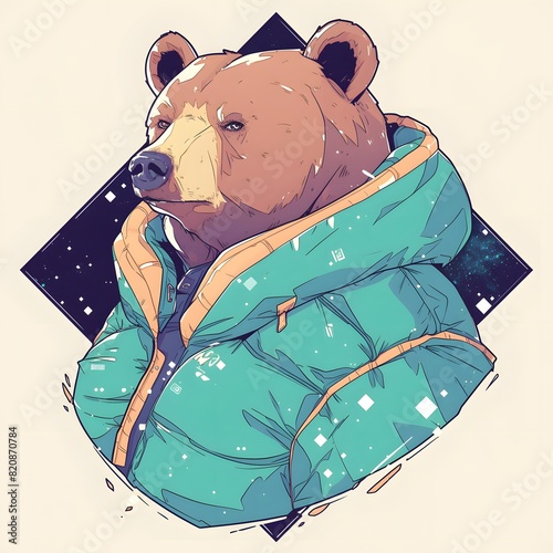 E-sport gamer style bear mascot in oversized jacket, vector logo illustration, on isolated background.