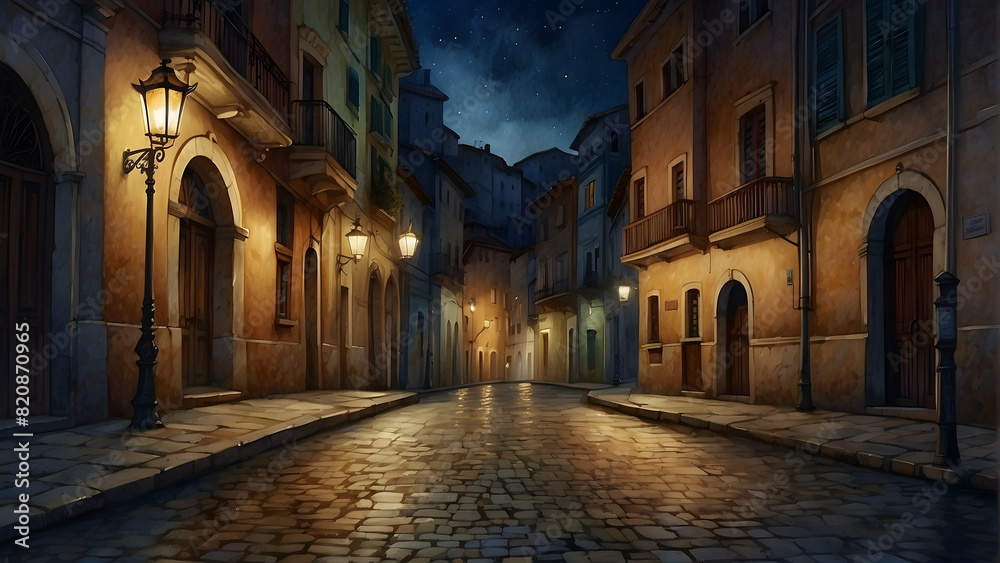 An old cobblestone street in a charming European town under the starry night sky evokes a romantic ambiance An old cobblestone street in a charming European town under the starry night sky evokes a romantic ambiance