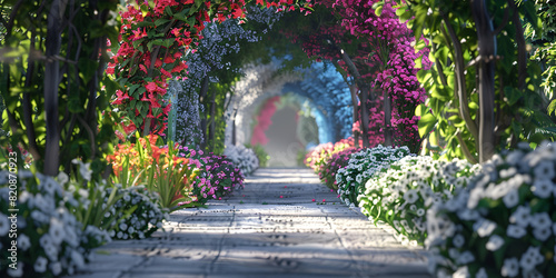 walkway in the park of colorful flowers