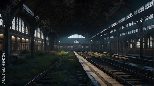 A deserted railway station with overgrown vegetation and a ghostly atmosphere, capturing a sense of forgotten history