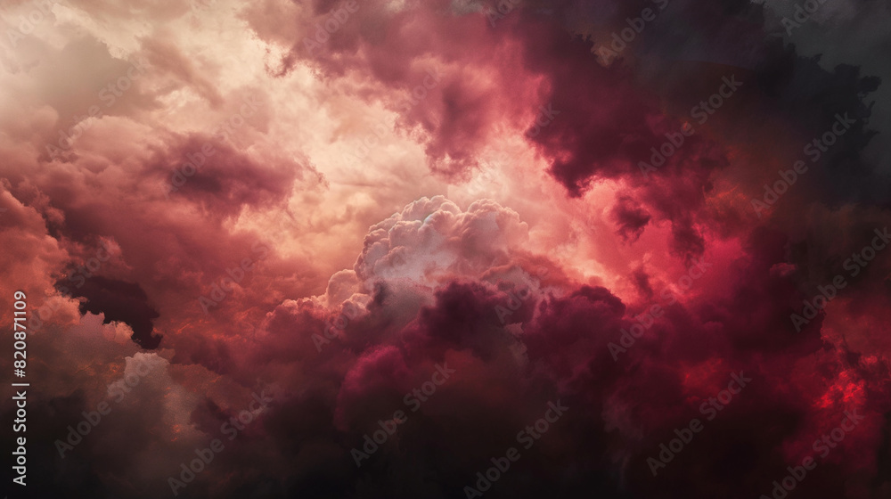 Fototapeta premium Background of Renaissance Dark Stormy Cloud Painting: Charcoal, Red, Ruby, Wine Red at Twilight in Chiaroscuro Style