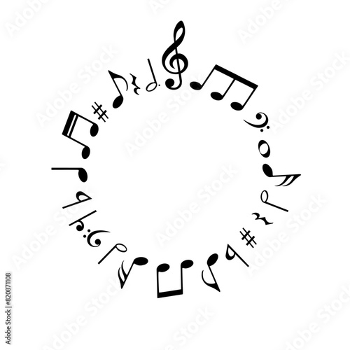 Music notes background, round musical frame, vector illustration.