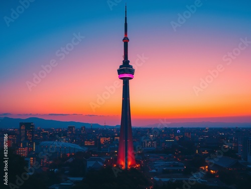 A tall tower with a bright light on top stands in front of a city skyline. The sky is a beautiful mix of orange and pink hues  creating a serene and peaceful atmosphere