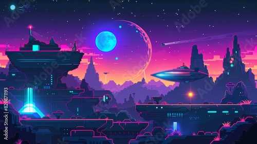 A space game platform  cartoon 2D gui alien planet landscape  computer or mobile background with spaceship  arcade elements for jumping and bonus items. Galaxy  universe futuristic modern