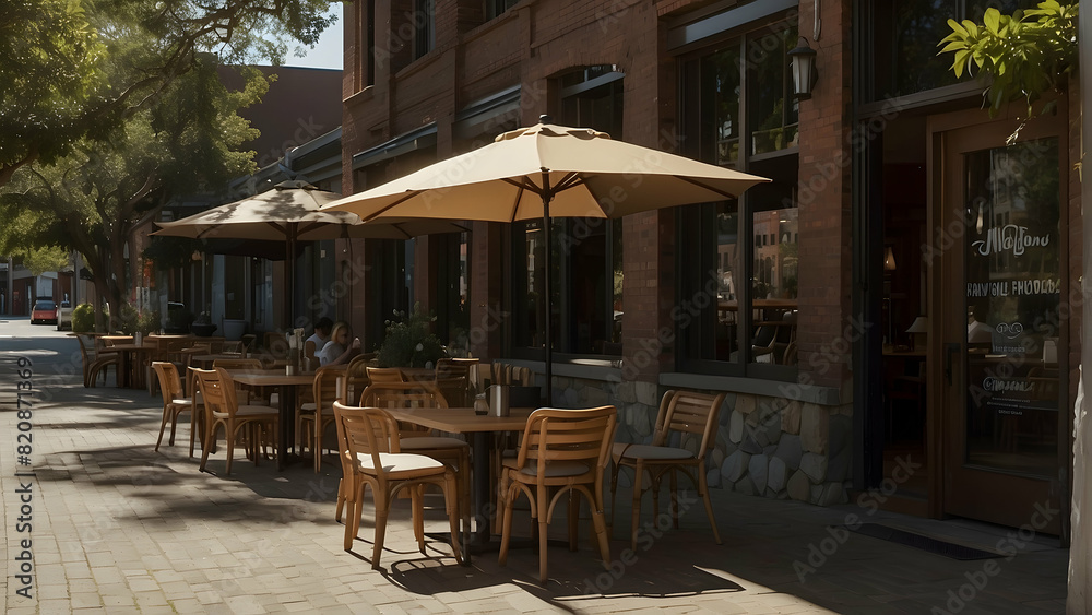 A pleasant sidewalk café with empty chairs and large umbrellas, depicting a calm, inviting atmosphere