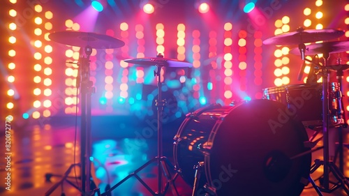 Neon lights illuminating music concert drums