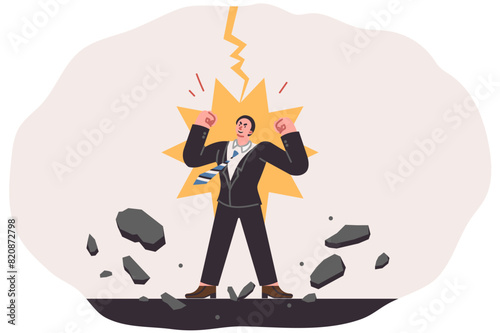Business man feels power, energized by lightning strike and desire to achieve goal at any cost