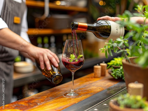 A man pours wine into a glass on a wooden bar. The wine bottle is labeled with the name VAB photo