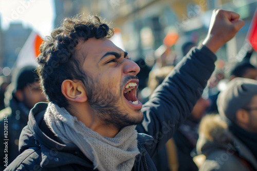 Arab man with a beard yelling. The man is angry and the crowd is also angry photo