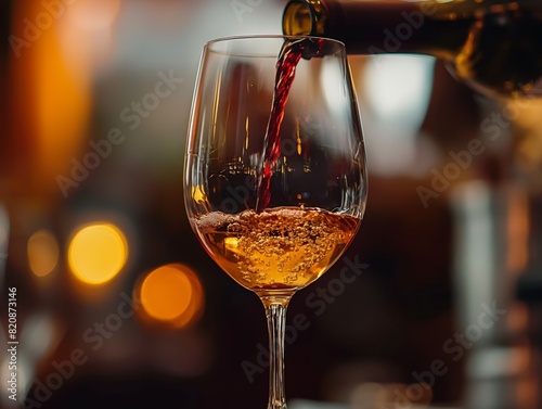 A glass of wine is poured into a wine glass