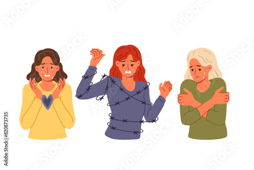 Depressed women feel pain and despair due to mental problems, shed tears and suffer because of barbed wire. Girls victims of domestic violence and discrimination need help to heal from despair