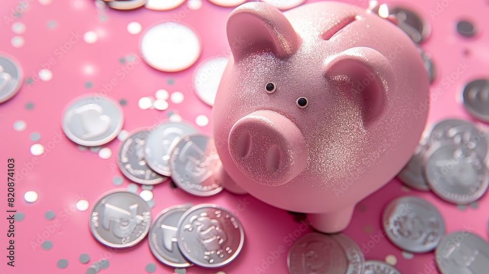 Sparkling piggy bank surrounded by silver coins Sparkling piggy bank surrounded by silver coins