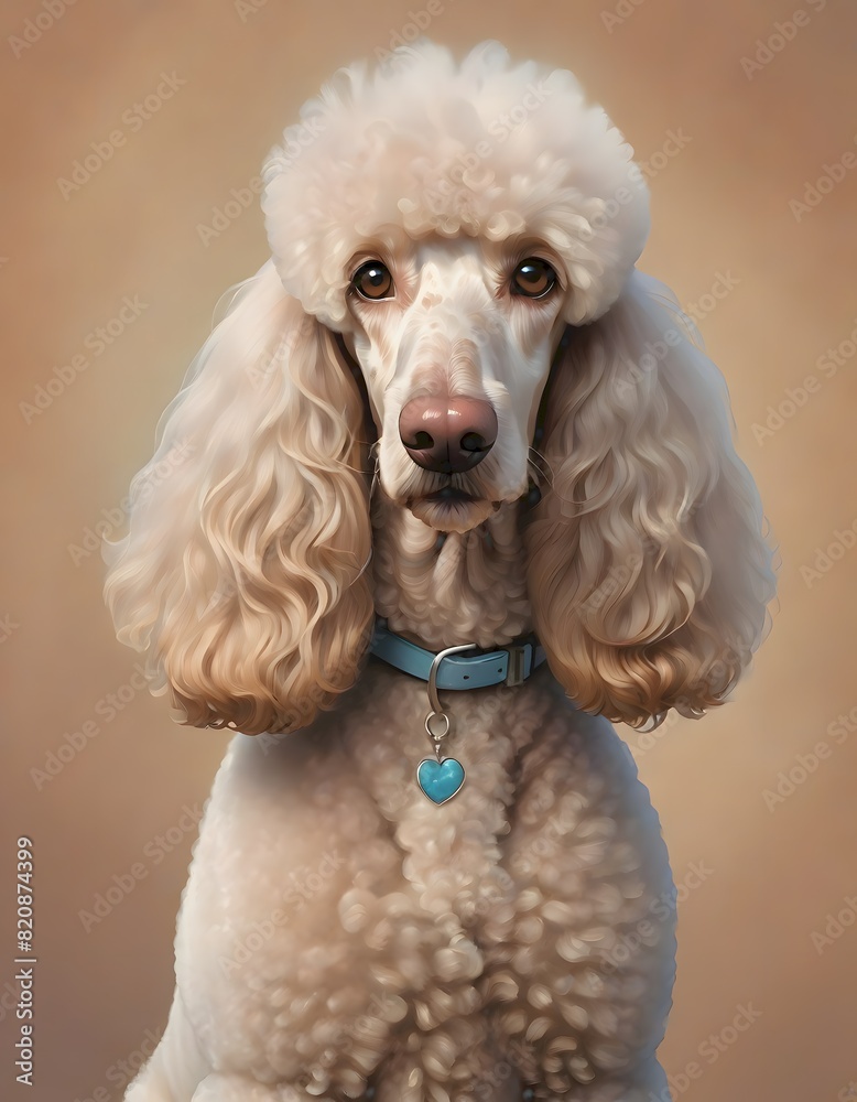 Portrait of a well groomed poodle dog with curly fur, wearing a blue collar with a heart shaped tag with a soft, warm gradient background, Generative AI. Portrait of a well groomed poodle dog with curly fur, wearing a blue collar with a heart shaped tag with a soft, warm gradient background, Generative AI.