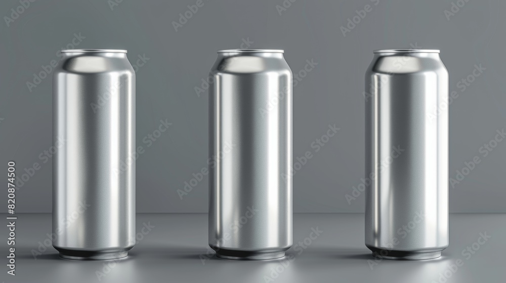 Isolated aluminium can of soda or beer on gray background. Modern realistic mockup of different shapes of metal tin cans for beverages. Isolated aluminium can of soda or beer on gray background. Modern realistic mockup of different shapes of metal tin cans for beverages.