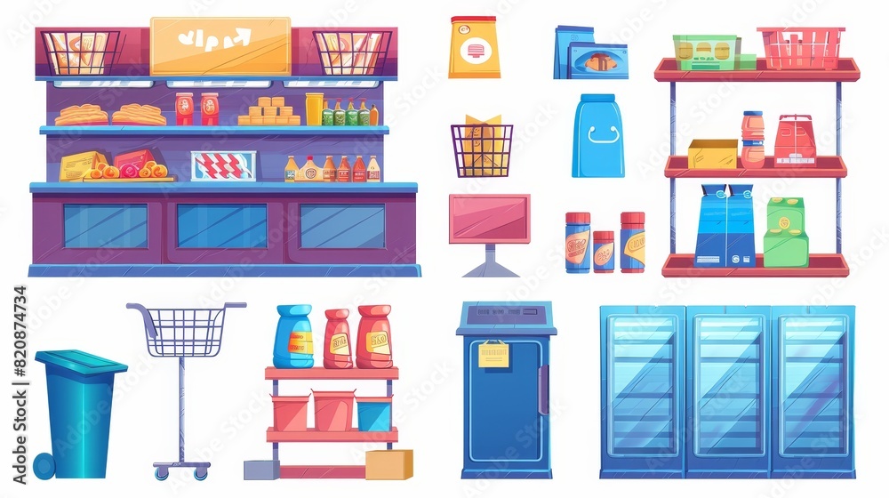 Modern cartoon set of grocery store with cashier desk, empty rack, signs, and trash can isolated on white. Modern cartoon set of grocery store with cashier desk, empty rack, signs, and trash can isolated on white.