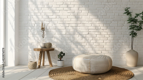 Table with decor and soft pouf near white brick wall -