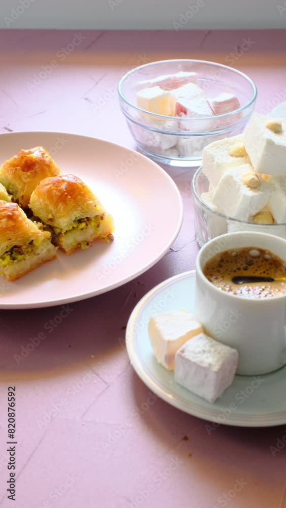 baklavas, Turkish coffee and Turkish delights on pink background baklavas, Turkish coffee and Turkish delights on pink background