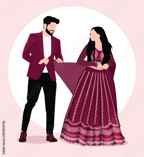 cute Indian couple cartoon in traditional dress posing for wedding invitation card