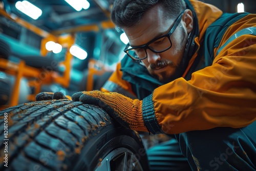 An expert mechanic evaluates and repairs a car's tire. Generative Ai photo