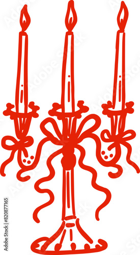 Three candles in a candelabrum with bows. Vintage candlestick. Isolated illustration in red color. A holiday decoration in a whimsical hand-drawn style. Suitable for wedding invitations, posters