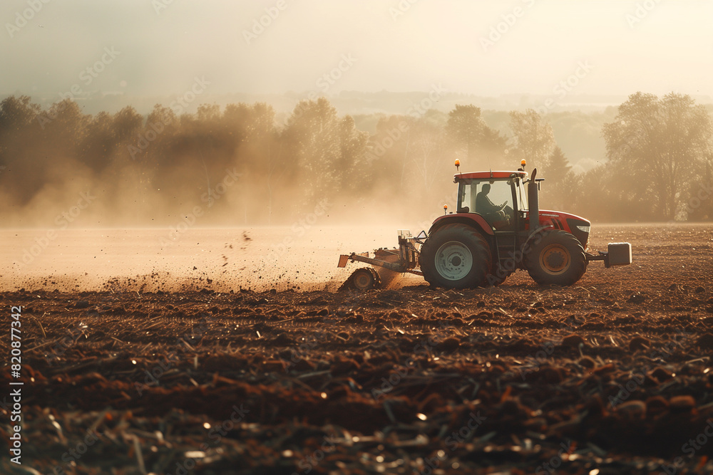 Fototapeta premium A tractor is driving through a field of dirt. The sky is cloudy and the sun is not visible