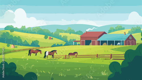 Horse farm outdoors landscape. Equine field ranch sce photo