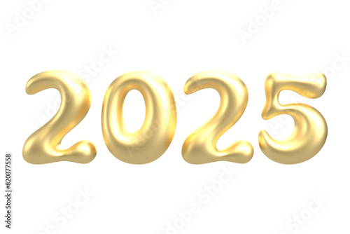 2025 Balloon Bubble Golden 3D numbers isolated on transparent background. Realistic golden balloons.