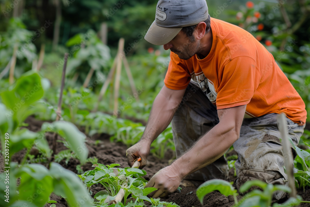 Fototapeta premium A man is working in a garden, pulling weeds and tending to the plants. Concept of hard work and dedication to maintaining a healthy garden