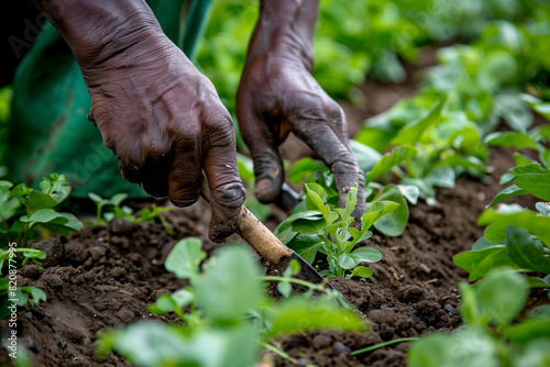 A man is working in a garden, pulling weeds and tending to the plants. Concept of hard work and dedication to maintaining a healthy garden