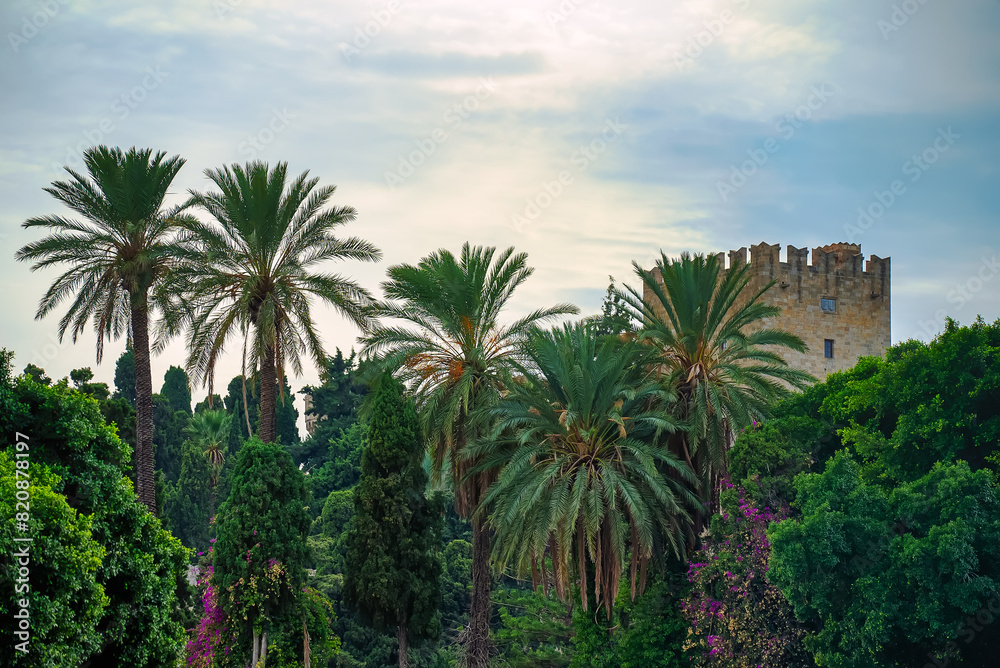 The Rhodes fortress is surrounded by greenery. The Rhodes fortress is surrounded by greenery.