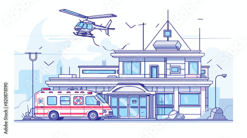 Hospital clinic or medical center building with helicopter