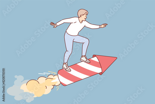 Man strives for success, standing on flying rocket, as metaphor for launching startup