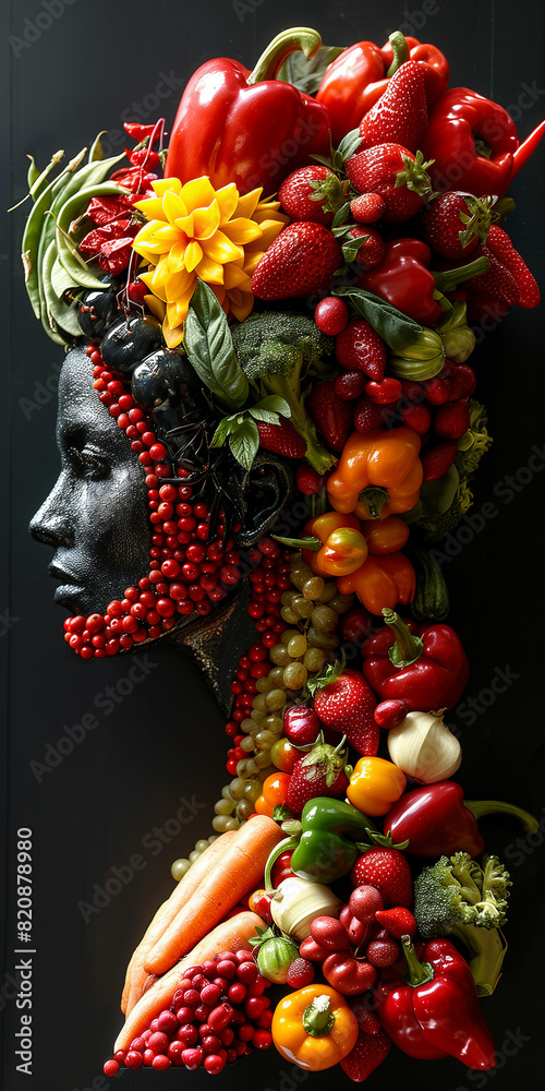 A woman's face is made of fruits and vegetables. The woman is wearing a crown of strawberries and other fruits