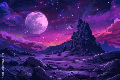 A fantasy cartoon depicting the sky of a purple galaxy. Generative Ai