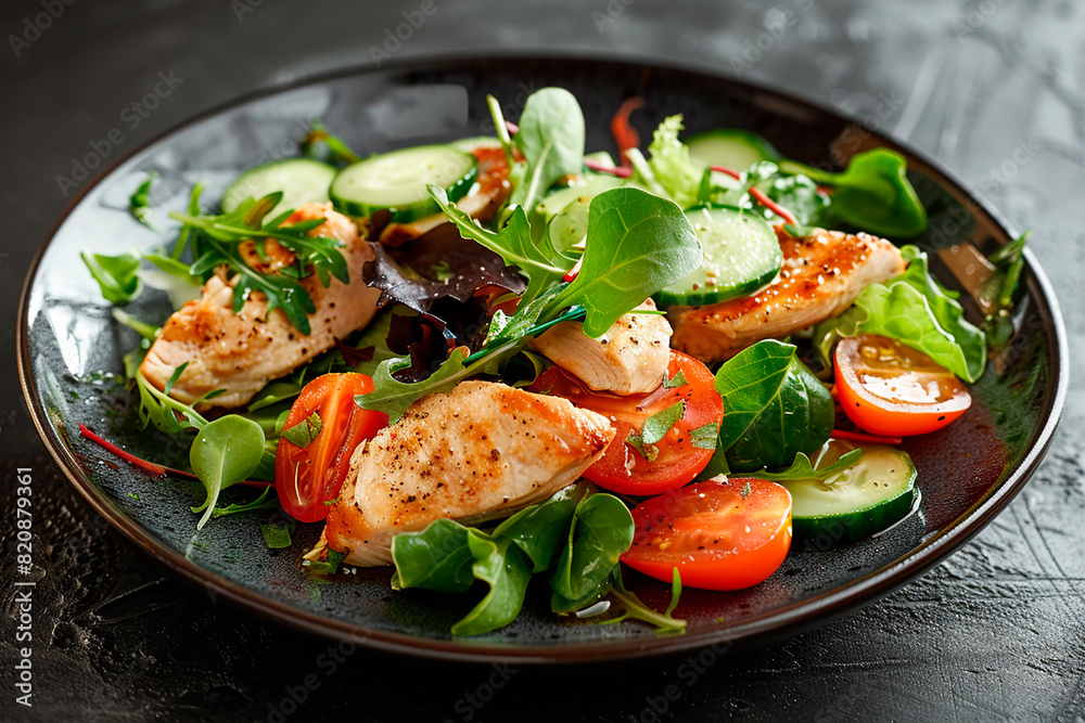 A plate of food with chicken, lettuce, tomatoes, and cucumbers A plate of food with chicken, lettuce, tomatoes, and cucumbers